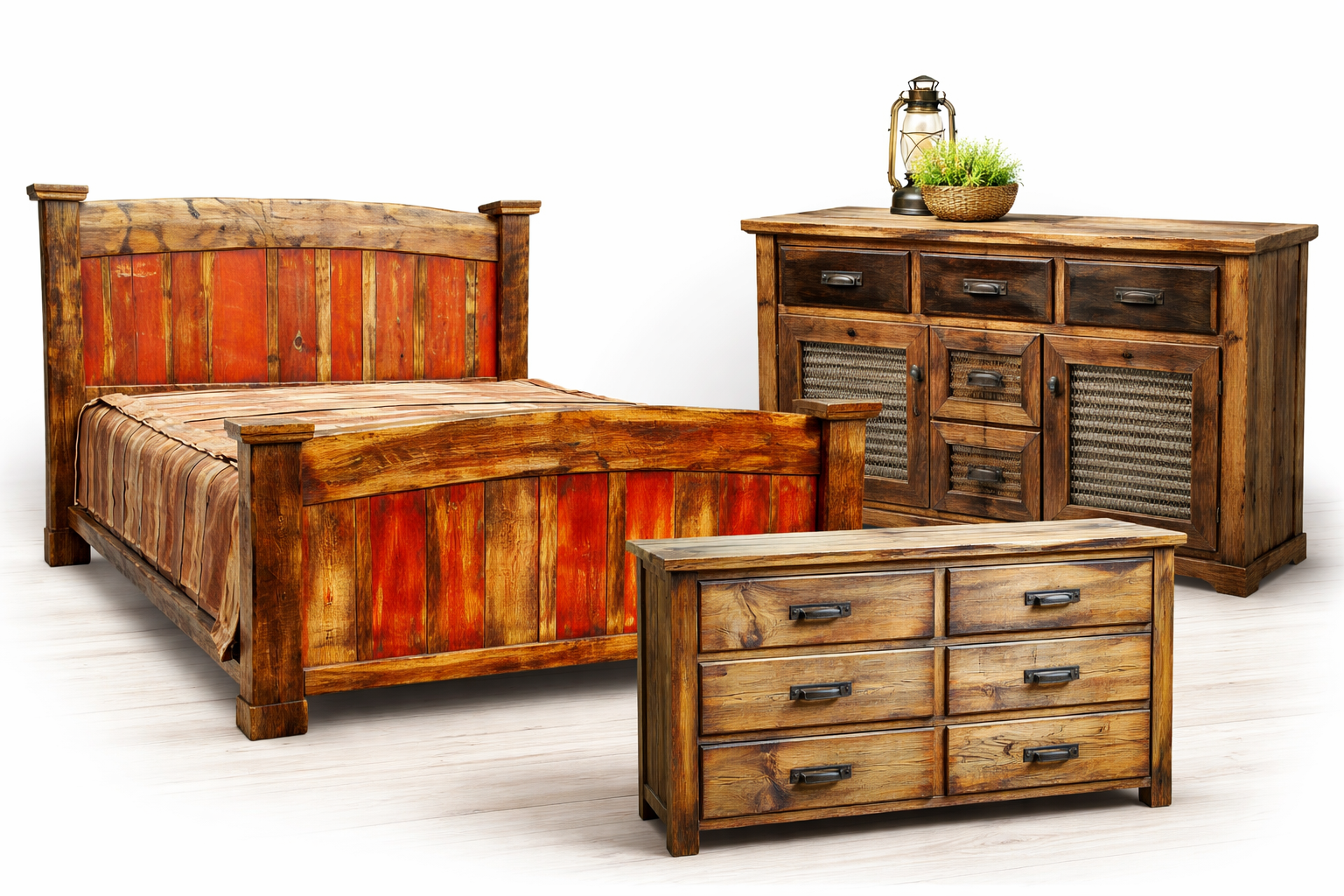 reclaimed barnwood rustic furniture set including solid wood bed dresser and buffet cabinet