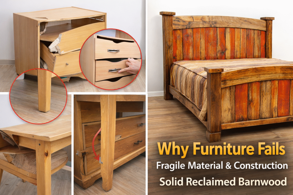 why-furniture-fails-solid-wood-barnwood.png comparison of damaged particleboard furniture and durable solid reclaimed barnwood bed frame