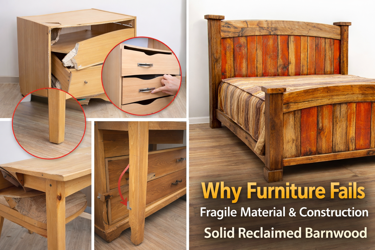 comparison of damaged particleboard furniture and durable solid reclaimed barnwood bed frame